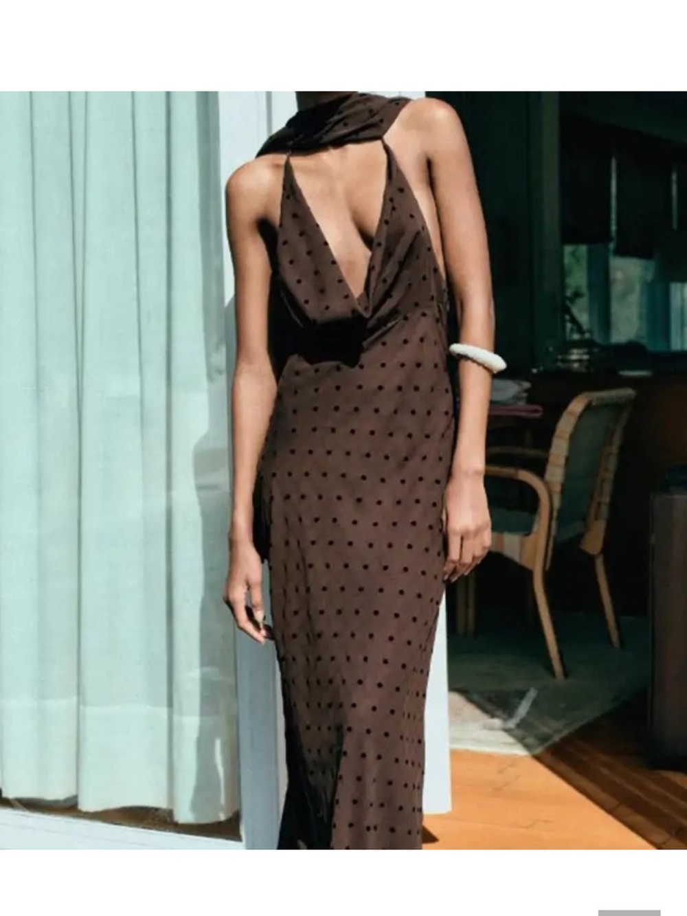 Zara Brown Polka Dot Scarf-Neck Maxi Dress